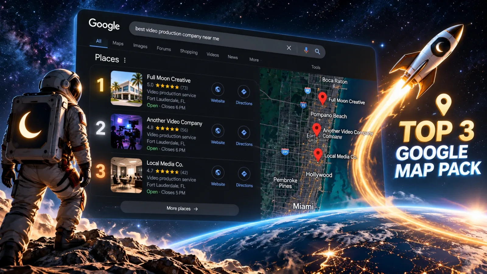 Illustrated Google Maps local search for best video production company near me in South Florida, with Full Moon Creative ranked first in the Map Pack top 3 and an astronaut and rocket against a starry sky