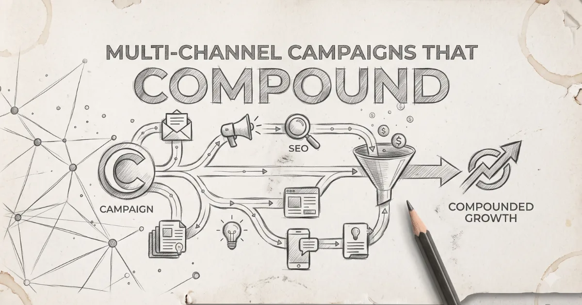 Hand-drawn infographic showing multi-channel marketing (email, ads, SEO, content, and social) flowing through a funnel into compounded growth
