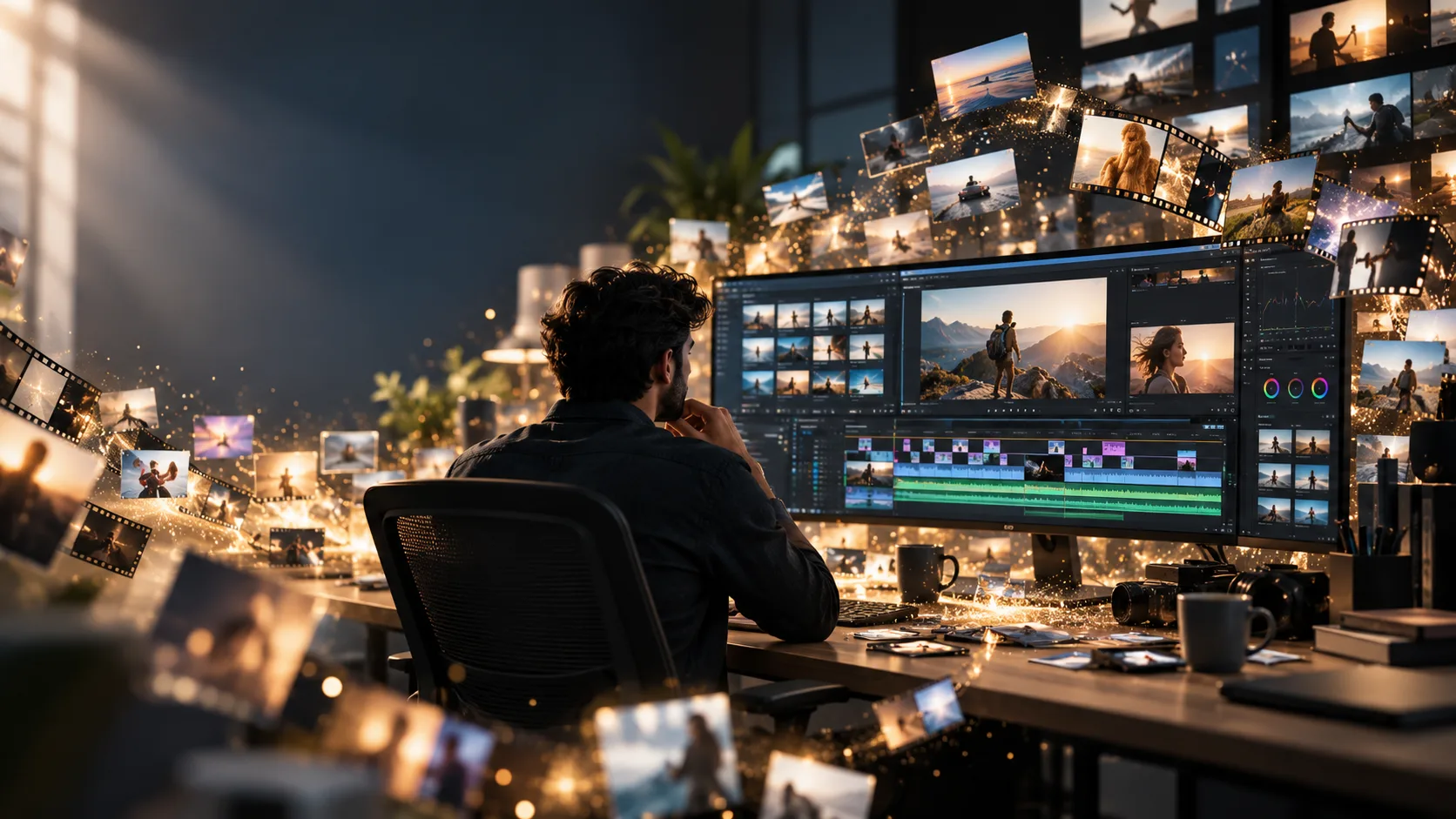 Video editor working at a multi-screen editing station surrounded by floating footage from shoots and events